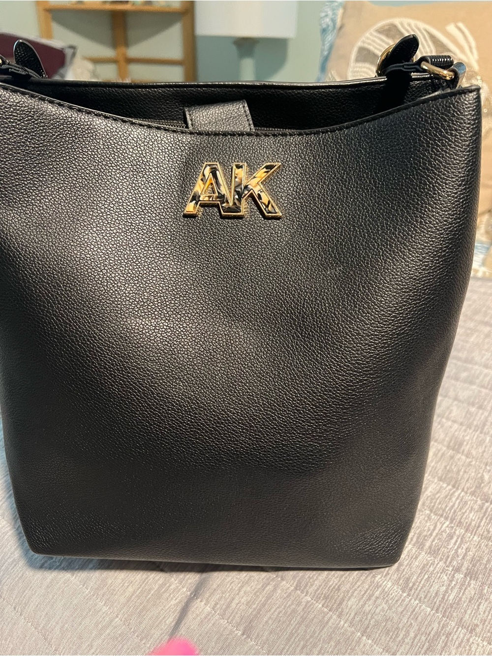 Anne Klein Black Pebbled Shoulder Bag with Gold AK Logo